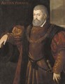 Portrait of Alfonso I, Duca di Ferrara, half-length, wearing a fur trimmed coat, his right arm resting on a cannon barrel - Tiziano Vecellio (Titian)