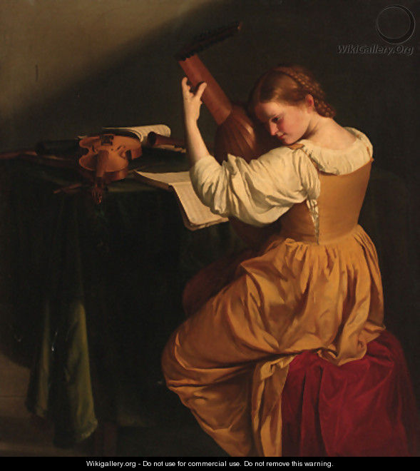 A woman tuning a lute, seated at a draped table with open manuscripts, a violin and wind instruments - (after) Orazio Gentileschi