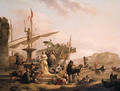 A Capriccio of a Mediterranean harbour with an elegant couple disembarking from a galley, bandits and merchants on the quay nearby - Nicolaes Berchem