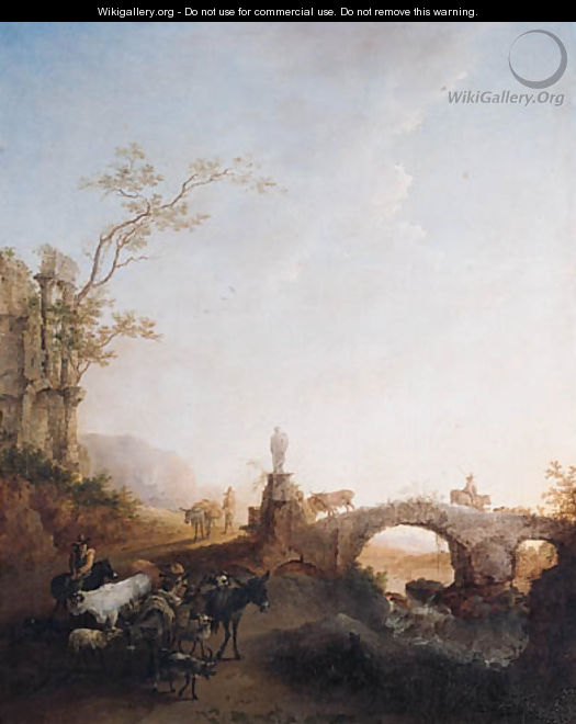Drivers returning from market on a track by a bridge, in an Italianate landscape - Nicolaes Berchem