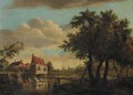 Anglers seated on a river bank by a watermill, a church in the distance - (after) Meindert Hobbema