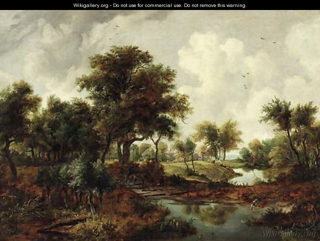 A wooded river landscape with a man on horseback and a dog on the bank - (after) Meindert Hobbema