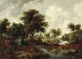 A wooded river landscape with a man on horseback and a dog on the bank - (after) Meindert Hobbema