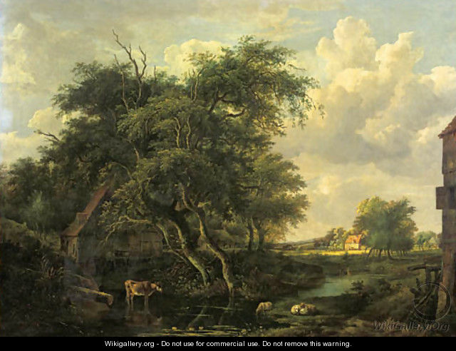 A watermill in a wooded landscape in summer - (after) Meindert Hobbema