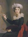 Portrait of the artist, three-quarter-length, in a blue dress with a red sash at her waist, a white lace collar and cap - Elisabeth Vigee-Lebrun