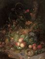 Apples, pears, grapes, corn, pomegranates, a birds nest with eggs, butterflies, a lizard and other insects in a wooded clearing - (after) Rachel Ruysch