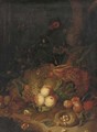 Apples, pears, grapes, corn, pomegranates, a birds nest with eggs with butterflies, a lizard and other insects in a wooded clearing - (after) Rachel Ruysch