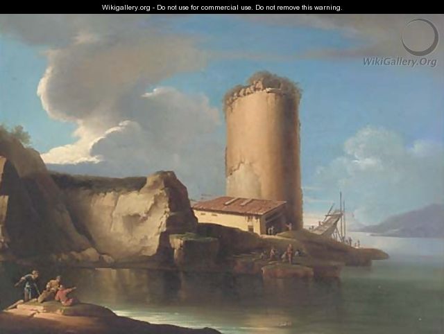 A Mediterranean costal inlet with a boatyard and a tower - Salvator Rosa