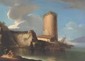 A Mediterranean costal inlet with a boatyard and a tower - Salvator Rosa
