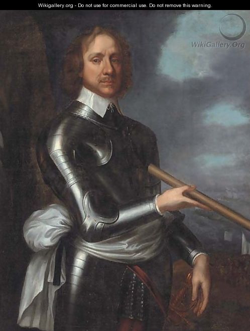 Portrait of Oliver Cromwell (1599-1658), three-quarter-length, in armour, holding a baton, a naval landing beyond - (after) Robert Walker