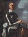 Portrait of Oliver Cromwell (1599-1658), three-quarter-length, in armour, holding a baton, a naval landing beyond - (after) Robert Walker