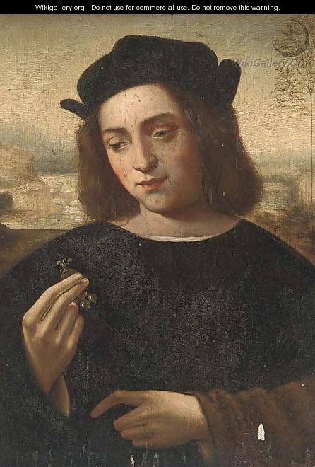 Portrait of a man, half-length, holding a piece of jewellery, a landscape beyond - (after) Ridolfo Ghirlandaio