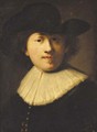 Portrait of the artist, bust length, in a black coat and hat - Rembrandt Van Rijn