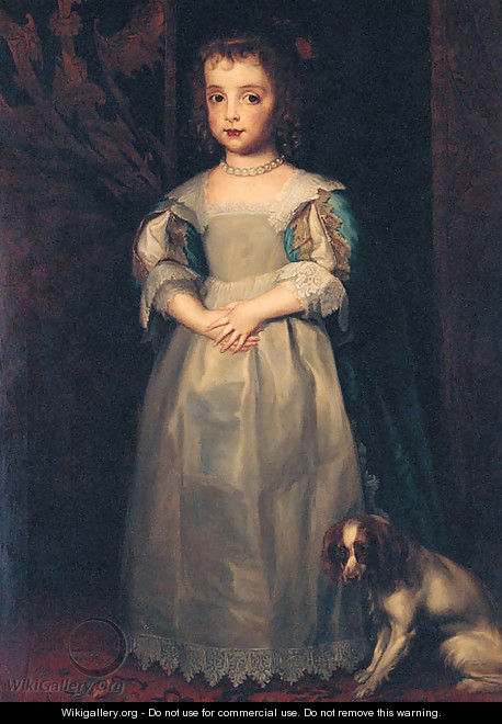 Portrait of Princess Mary, full-length, in a blue and white dress and pearl necklace, a King Charles spaniel at her feet - Sir Anthony Van Dyck