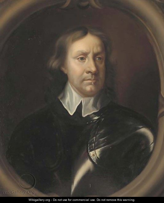 Portrait of Oliver Cromwell (1599-1658), bust-length, in breast-plate and a white collar, in a sculpted cartouche - Samuel Cooper