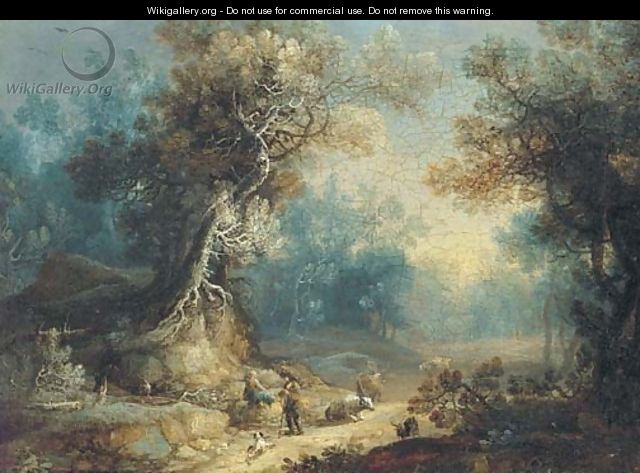 A wooded landscape with a shepherd and shepherdess at rest on a track - (after) Frans Christoph Janneck