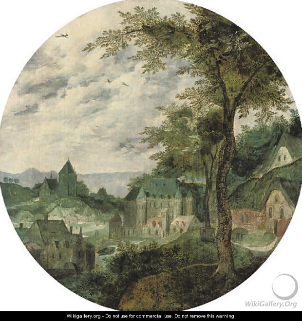 A river landscape with a town, a palace and a church - (after) Frans Mostaert