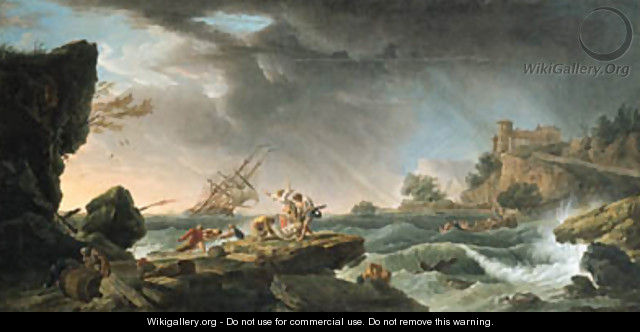 A shipwreck in stormy seas with survivors on a rocky outcrop - (after) Francois Valentin Gazard