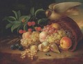 Peaches, cherries, grapes, an apple, plums and other fruit and a dove perched on a wicker basket - (after) George Forster