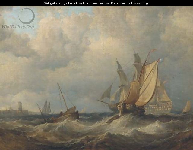 A Royal Naval two-decker backing her sails and making ready to enter port - (after) George Chambers