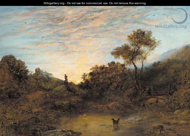 Figures by a stream at sunset - (after) George Augustus Williams
