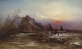 A lock in winter, sunset - (after) George Augustus Williams