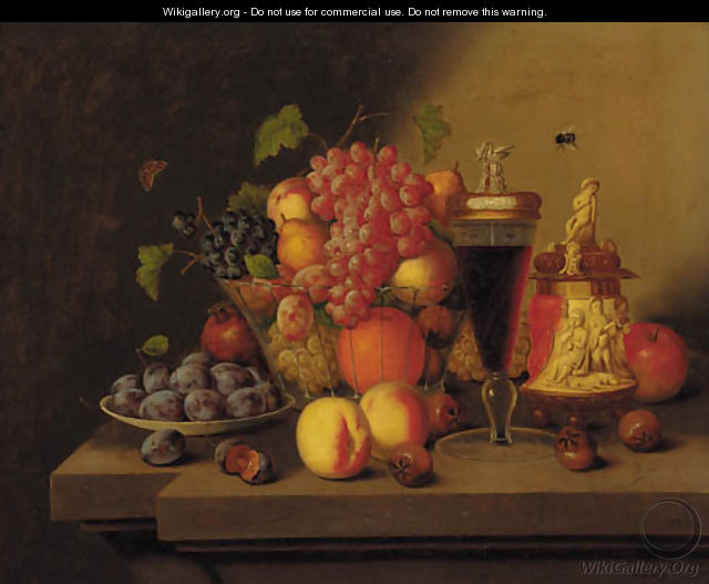Grapes, oranges, peaches, pears and plums in a glass bowl - (after) Georg (Johann G.) Seitz