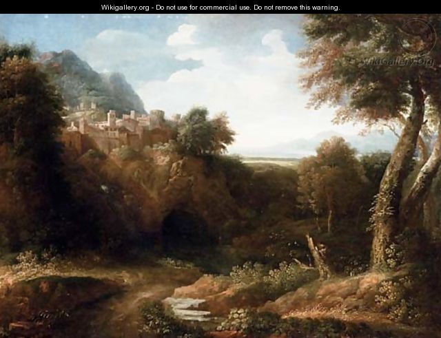 A river landscape with a walled town on a hill and a coastal view beyond - (after) Gaspard Dughet Poussin