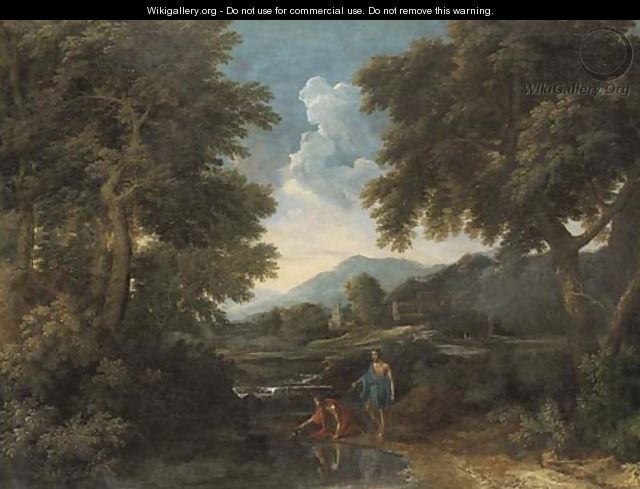 A wooded landscape with classical figures by a river - (after) Gaspard Dughet