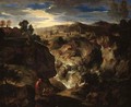 A rocky landscape with figures by a waterfall and a town beyond - (after) Gaspard Dughet Poussin
