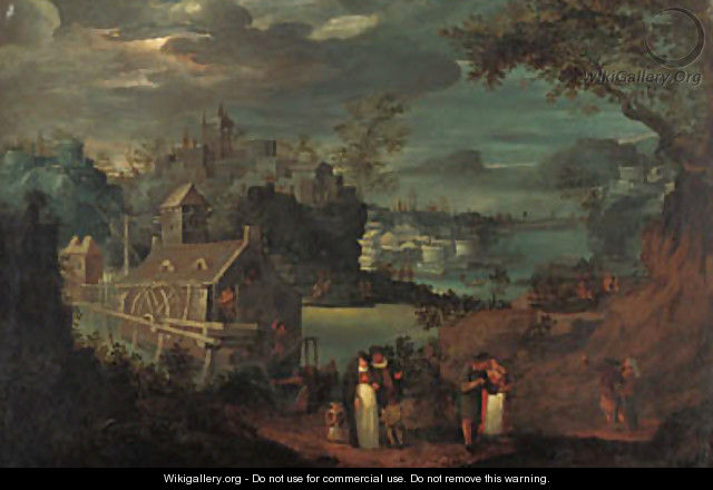 A mountain river landscape with elegant company on a path, a mill and a town beyond - (after) Frederik Van Valkenborch