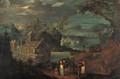 A mountain river landscape with elegant company on a path, a mill and a town beyond - (after) Frederik Van Valkenborch