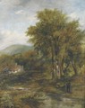 An angler in a wooded river landscape, a cottage beyond - (after) Frederick Waters Watts