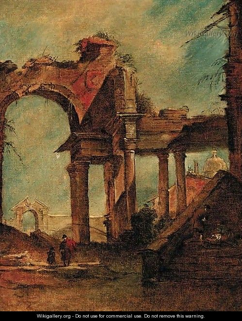 A capriccio of a ruined arch and colonnade, a dome beyond - (after) Giacomo Guardi