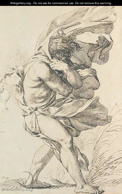 A figure walking to the right in a strong gale - (after) Gerard De Lairesse