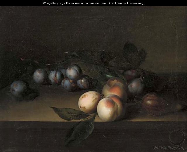 Plums, peaches and a fig, on a ledge - (after) George William Sartorius