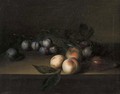 Plums, peaches and a fig, on a ledge - (after) George William Sartorius