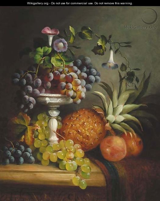 Grapes, a peach, a pomegranate, a pineapple, and a tazza, on a draped marble ledge - (after) George Lance