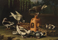 Pigeons feeding from a Basket by a stoneware Vase in a Garden - (after) Giovanni Quinsa