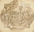 Hercules and Omphale with nymphs on a staircase leading to a fountain Design for a compartment - (after) Giovanni Francesco Romanelli