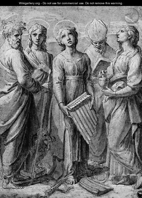 Saint Cecilia with Saints Paul, John the Evangelist, Mary Magdalen and a Bishop Saint - (after) Giovanni Francesco Penni