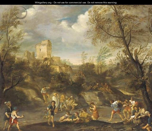 A wooded landscape with figures making merry - (after) Giovanni Francesco Grimaldi
