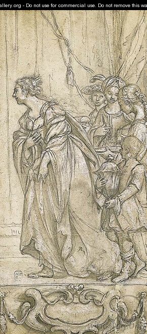 A queen and her retinue in procession to the left, above a cartouche a study for the Queen of Sheba before Solomon - (after) Giovanni Andrea Sirani