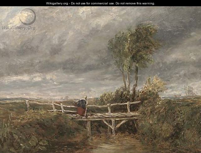 A woman crossing a wooden bridge in a stormy landscape - (after) David Cox