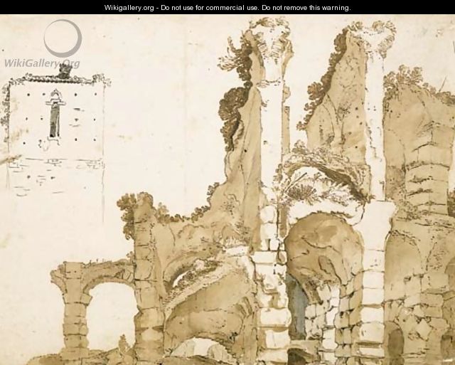 A partial view of the ruins of the Colosseum, Rome, with a study of the top of a house - (after) Cornelis Van Poelenburgh