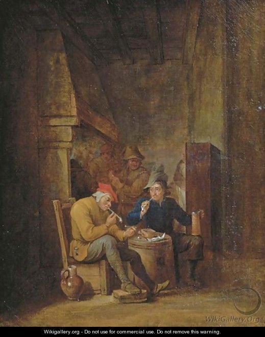 Peasants smoking and drinking in an interior - (after) Cornelis Mahu