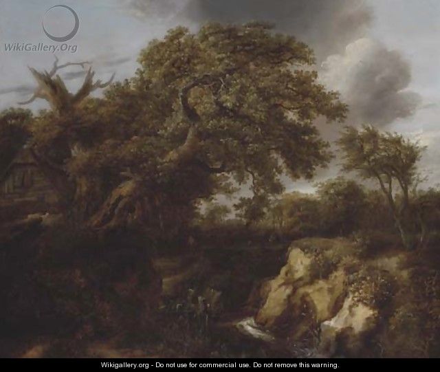 A wooded river landscape with travellers on a track by a cottage - (after) Cornelius Decker
