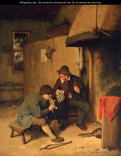 Peasants drinking and smoking in a kitchen interior - (after) Cornelis Dusart