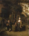 A maid serving a peasant seated by a barrel outside an inn - (after) Cornelis Dusart