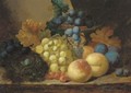 Grapes, peaches and a bird's nest on a ledge - (after) Edward Ladell
